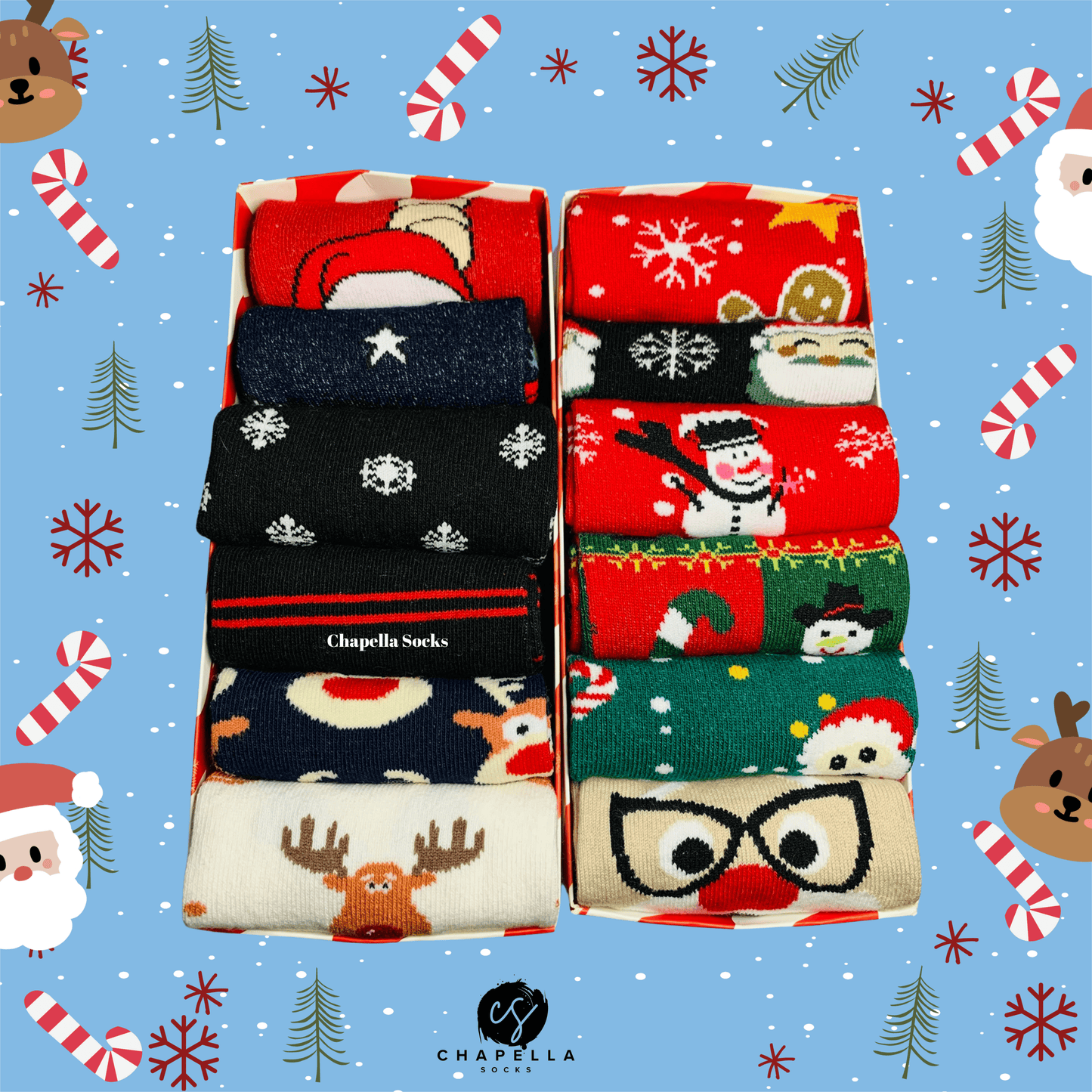 12-Piece Boxed Christmas Socks Set - Unisex