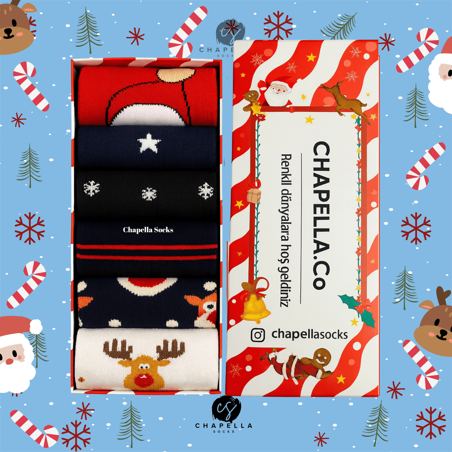 6'lı Kutulu Yılbaşı Çorap Set - Noel Christmas Yılbaşı Çorap Seti - Unisex 6’lı Yılbaşı Hediye Çorap Seti - Merry Christmas Socks Box