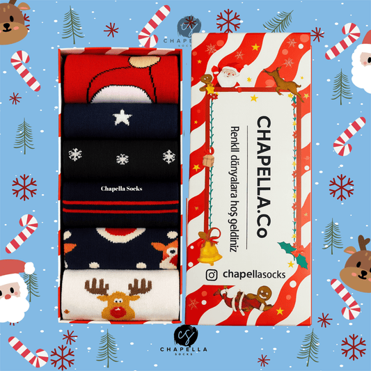 6'lı Kutulu Yılbaşı Çorap Set - Noel Christmas Yılbaşı Çorap Seti - Unisex 6’lı Yılbaşı Hediye Çorap Seti - Merry Christmas Socks Box