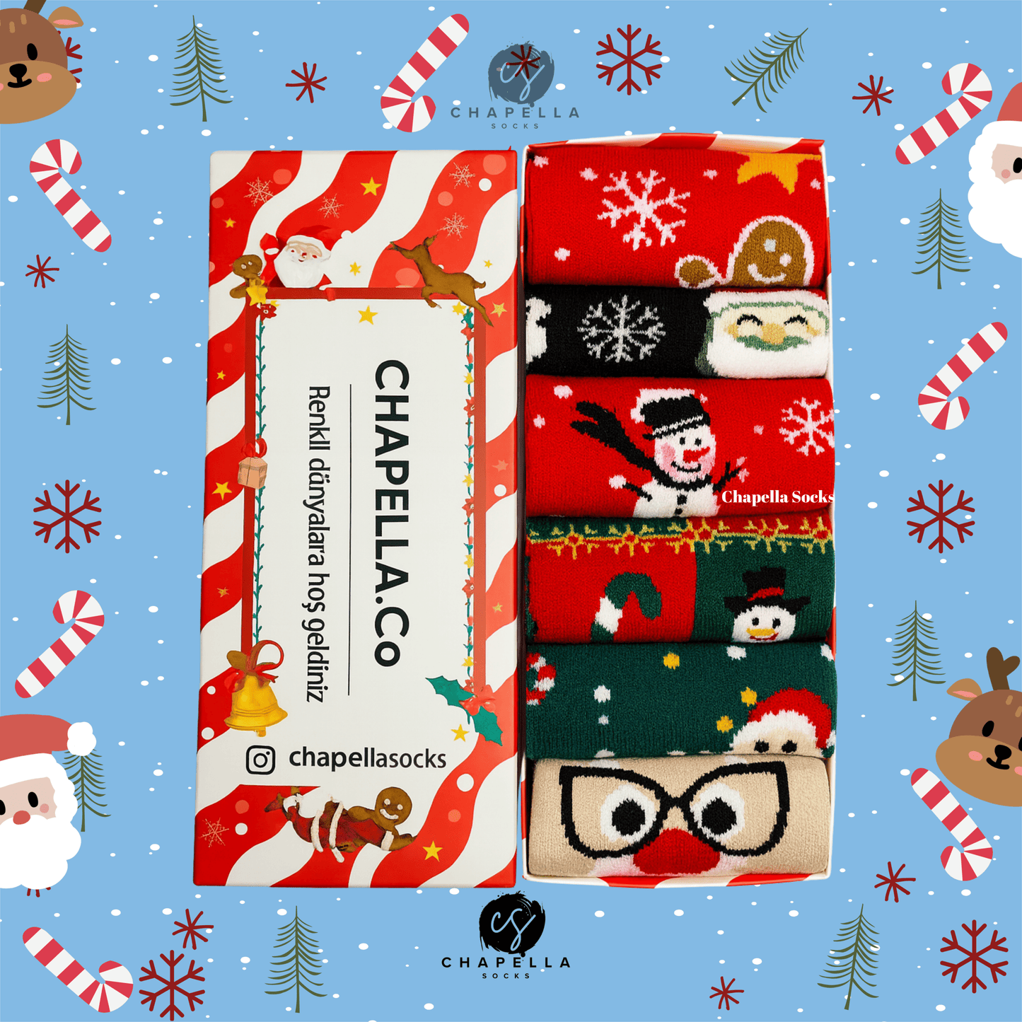 6'lı Kutulu Yılbaşı Çorap Set - Noel Christmas Yılbaşı Çorap Seti - Unisex 6’lı Yılbaşı Hediye Çorap Seti - Merry Christmas Socks Box
