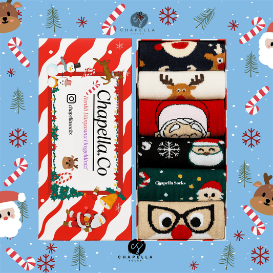 6'lı Kutulu Yılbaşı Çorap Set - Noel Christmas Yılbaşı Çorap Seti - Unisex 6’lı Yılbaşı Hediye Çorap Seti - Merry Christmas Socks Box